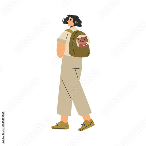 Woman Character with Cat Pet in Backpack as Domestic Animal Vector Illustration