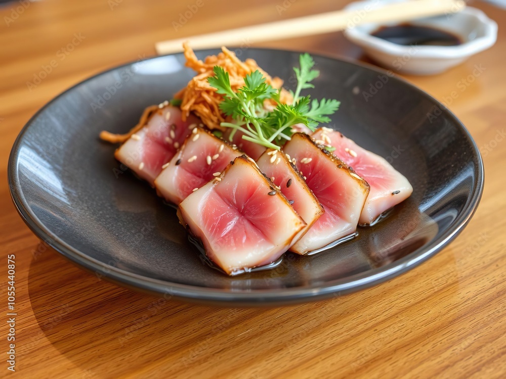 Close up shot of seared tuna topped with sesame seeds and served with crispy wanton, gourmet, appetizer Close up shot of seared tuna topped with sesame seeds and served with crispy wanton, gourmet, appetizer
