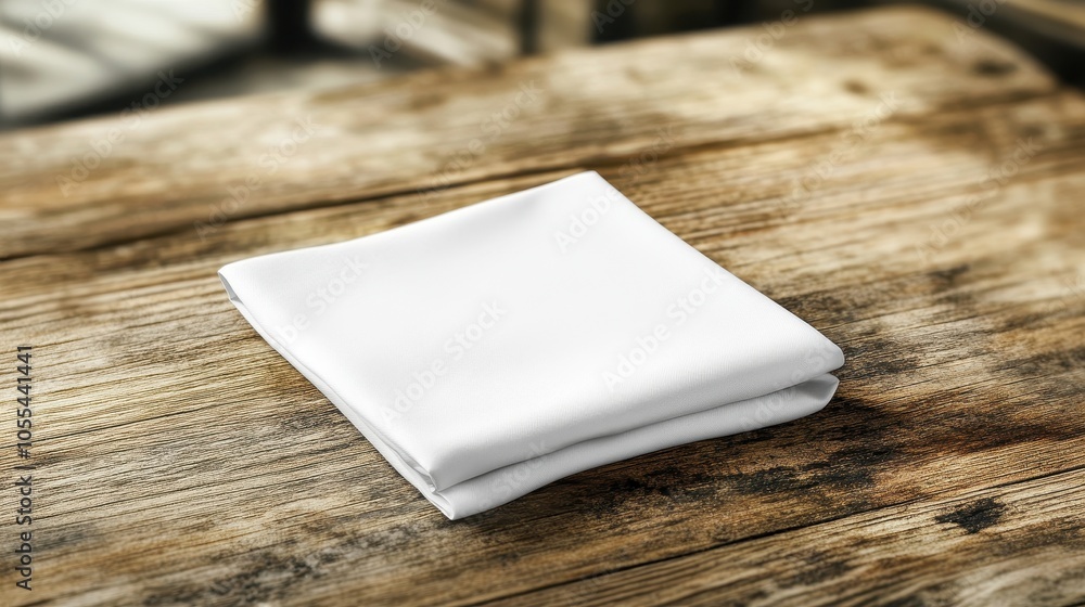 Fototapeta premium A folded white handkerchief rests on a rustic wooden table, showcasing its elegance