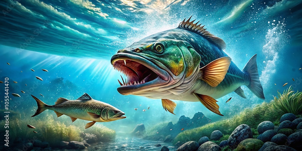 Fototapeta premium Fierce Underwater Predator Chasing Smaller Fish in Natural Aquatic Ecosystem