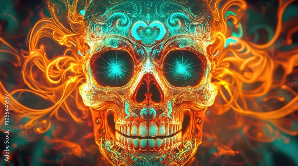 Vibrant Fiery Skull with Intricate Patterns and Glowing Eyes in a Surreal Artistic Design Vibrant Fiery Skull with Intricate Patterns and Glowing Eyes in a Surreal Artistic Design
