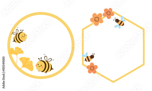 Logo with cute bee cartoon, ginkgo leaves, orange flower, circle and hexagon signs isolated on white background vector.