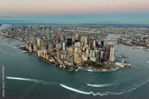 Aerial view of the beautiful skyline and iconic skyscrapers of the financial district, New York City, United States. photo