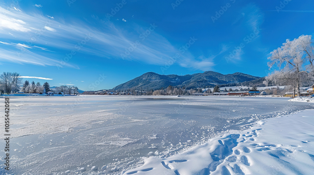 Frozen lake with snow-covered mountains in the background under a clear, bright winter sky, creating a picturesque winter scene. Frozen lake with snow-covered mountains in the background under a clear, bright winter sky, creating a picturesque winter scene.