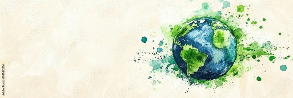 Earth Watercolor Illustration with Green Splashes and Beige Background for Eco-Friendly & Sustainable Development Designs Earth Watercolor Illustration with Green Splashes and Beige Background for Eco-Friendly & Sustainable Development Designs