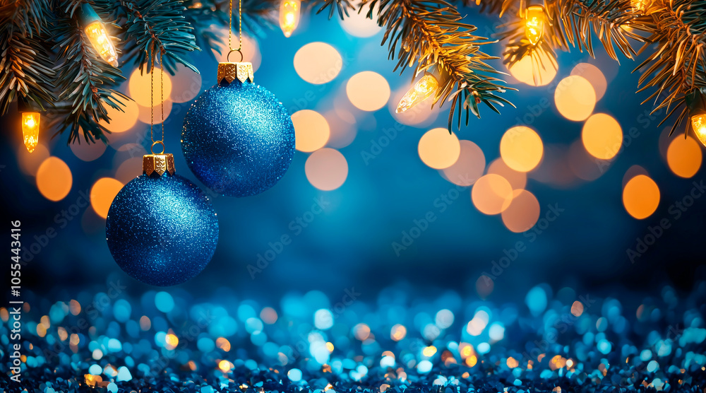 Elegant Sapphire Blue christmas baubles on a bokeh background, Christmas tree leaves Elegant Sapphire Blue christmas baubles on a bokeh background, Christmas tree leaves