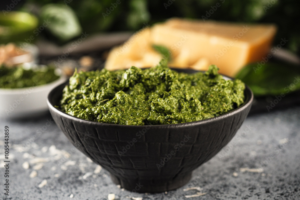 Homemade Pesto Sauce with Pine Nuts and Basil: Ingredients on Black Background Homemade Pesto Sauce with Pine Nuts and Basil: Ingredients on Black Background