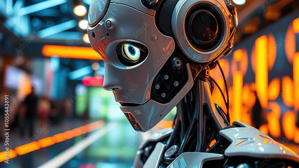 Advanced Human-Like Robot Face in Technology Setting Advanced Human-Like Robot Face in Technology Setting