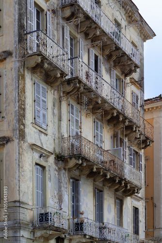 Urban landscape of the historic old town of Kerkyra on the island of Corfu, Greece, showcasing charming architecture and Mediterranean atmosphere.