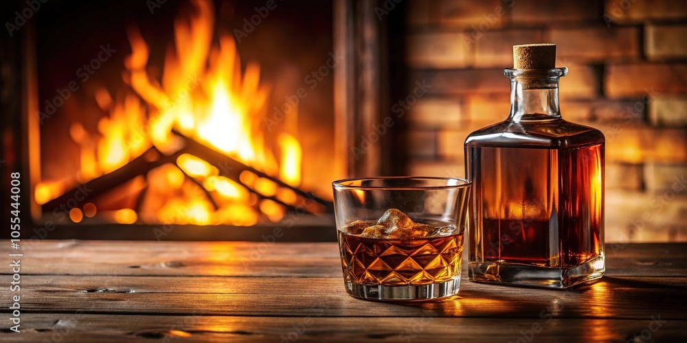 A whiskey bottle with a rich, dark liquid inside, resting on a wooden table with a warm glow from the fireplace in the background, brown liquid, dark liquid, liquor A whiskey bottle with a rich, dark liquid inside, resting on a wooden table with a warm glow from the fireplace in the background, brown liquid, dark liquid, liquor