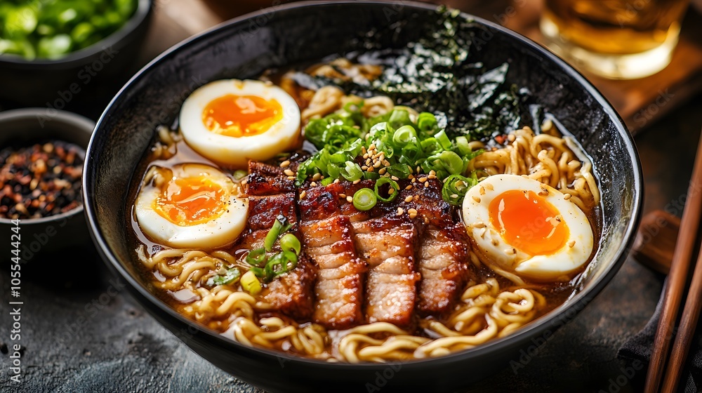 A bowl of chashu ramen, featuring tender braised pork belly, scallions, and soft-boiled eggs in a rich broth.
A bowl of chashu ramen, featuring tender braised pork belly, scallions, and soft-boiled eggs in a rich broth.