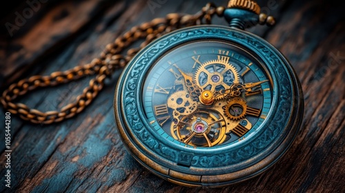 Antique Pocket Watch with Exposed Gearwork on Wooden Surface photo