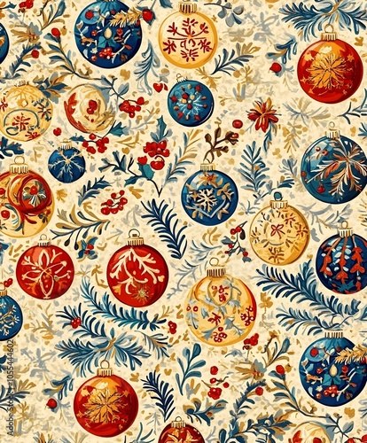 Stylish pattern of Christmas motifs, such as Christmas tree balls and gifts, in warm colors