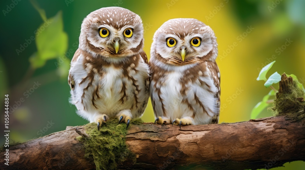 Two Adorable Owls Perched on a Mossy Branch in a Vibrant Forest Setting Two Adorable Owls Perched on a Mossy Branch in a Vibrant Forest Setting