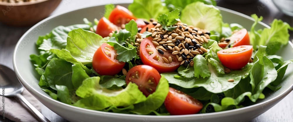 Close-up of a refreshing salad bowl with lettuce, tomatoes, and fiber-rich seeds, perfect for a health-focused lifestyle Close-up of a refreshing salad bowl with lettuce, tomatoes, and fiber-rich seeds, perfect for a health-focused lifestyle