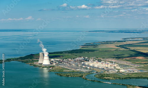 Russia - 13 June 2016: Aerial view of the industrial landscape featuring the rostov nuclear power plant and cooling towers near Tsimlyansk reserve, Rostov Oblast, Russia.
