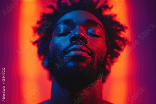 Close-up Portrait of a Man with Eyes Closed Under Red and Blue Lighting