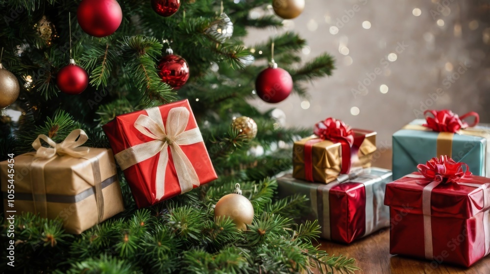 Christmas tree with ornaments, gift boxes and dark wooden wall as copy-space in the background Christmas tree with ornaments, gift boxes and dark wooden wall as copy-space in the background