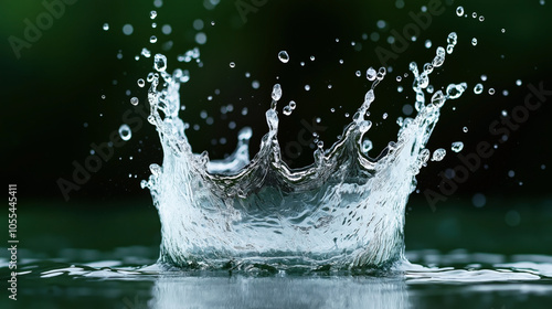 Close-up of a water splash with droplets flying in various directions against a dark blurred background, capturing motion and fluidity photo