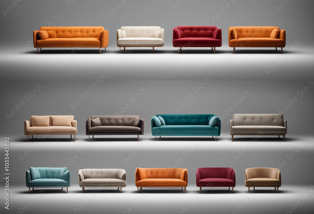Set of various modern designer lounge sofas in different colours isolated on transparent background Set of various modern designer lounge sofas in different colours isolated on transparent background