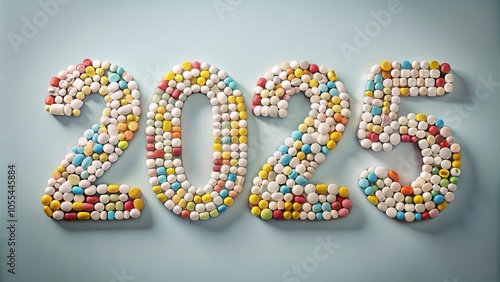 Happy New Year 2025! The numbers 2025 are formed from colorful pills, emphasizing a unique celebration of the New Year.