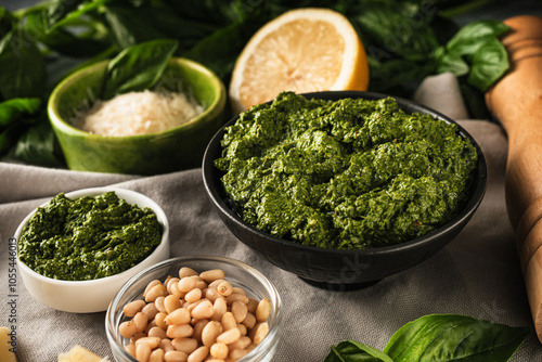 Homemade Pesto Sauce with Pine Nuts and Basil: Ingredients on Black Background