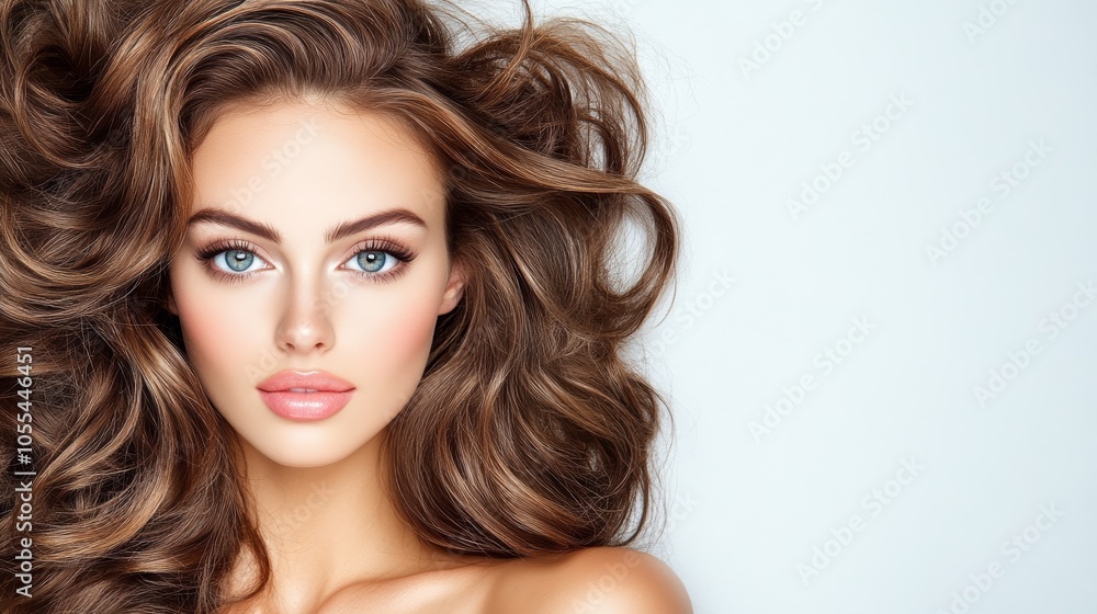 Naklejka premium Captivating portrait, woman with striking blue eyes and luxurious flowing brown hair