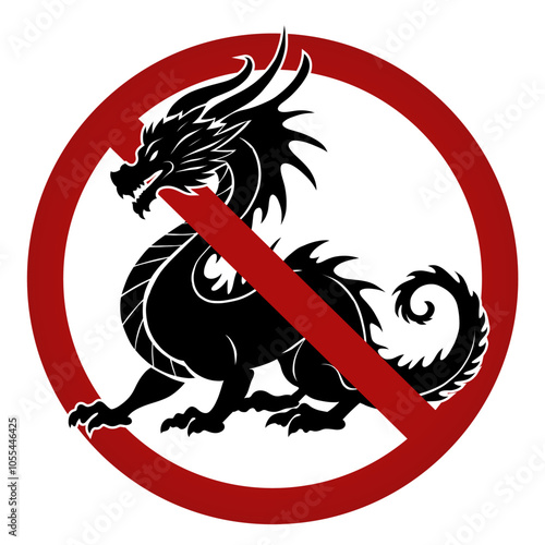 Vector prohibition sign with black silhouette of dragon. Do not touch mythical creatures. Danger of bite of fairy dragon. Mythological creatures are not allowed to enter. Forbidden sign for stickers