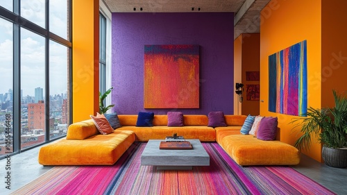 Living room with orange sofas and colorful walls in a modern building 