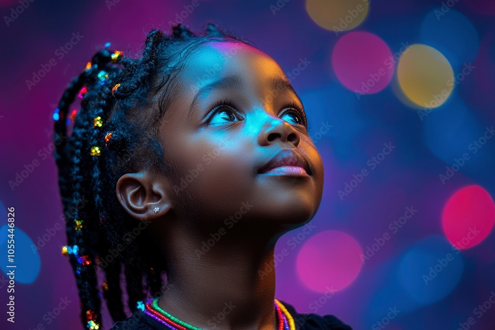 Close-up Portrait of a Young Black Girl with Braids and Colorful Lights in the Background Close-up Portrait of a Young Black Girl with Braids and Colorful Lights in the Background