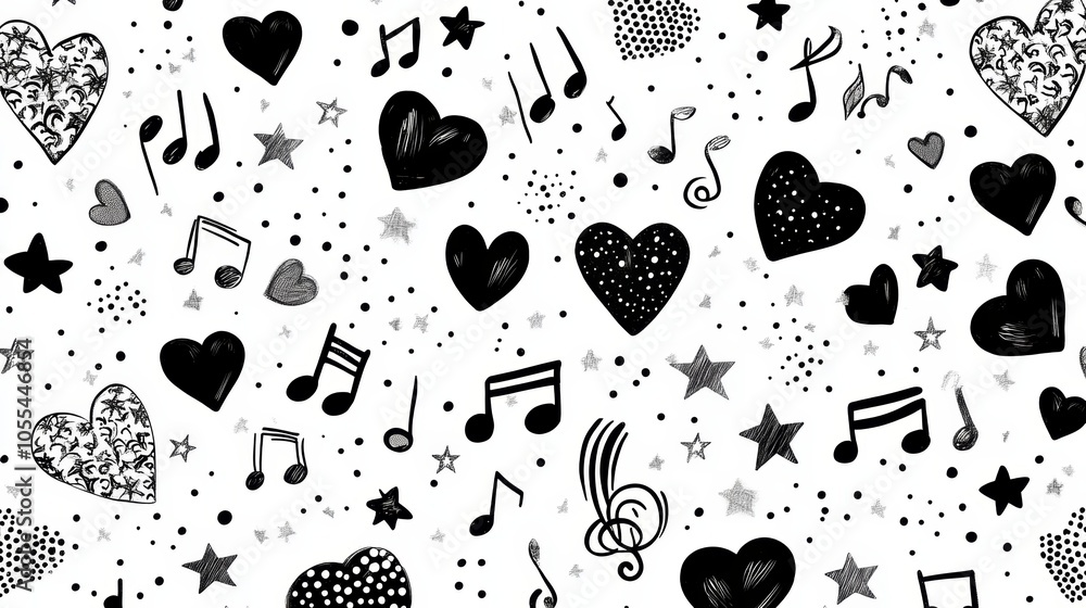 Fototapeta premium Black and white hearts music notes seamless pattern, a romantic melodic design for backgrounds decorations