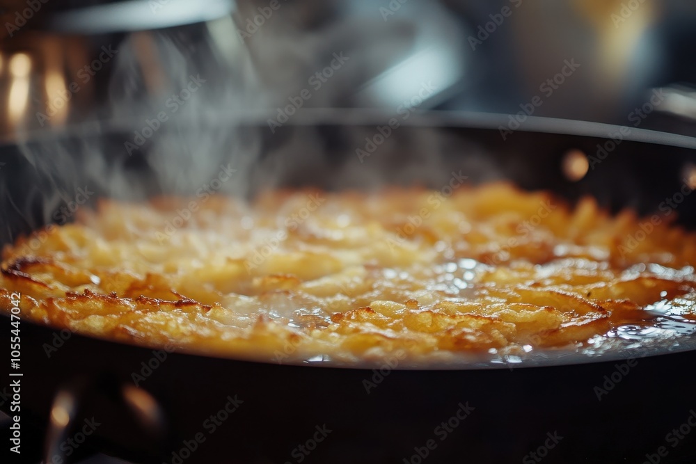 Hanukkah Latkes Cooking: A close-up shot of latkes frying in a pan, with the sizzling oil and golden-brown color of the potato pancakes highlighted. The background includes traditional kitchen items, Hanukkah Latkes Cooking: A close-up shot of latkes frying in a pan, with the sizzling oil and golden-brown color of the potato pancakes highlighted. The background includes traditional kitchen items,