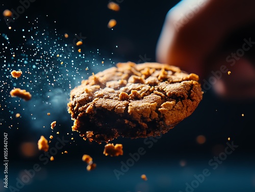 Hand dipping Crumbl cookie in milk, soft and warm dessert vibe, comfort food concept photo