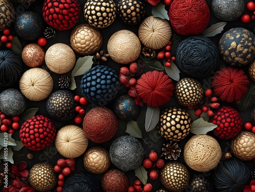 Stylish pattern of Christmas motifs, such as Christmas tree balls and gifts, in warm colors