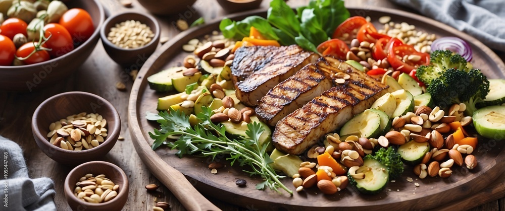 Freshly grilled vegetables and a variety of protein-packed nuts and seeds, presented in a rustic kitchen setting Freshly grilled vegetables and a variety of protein-packed nuts and seeds, presented in a rustic kitchen setting