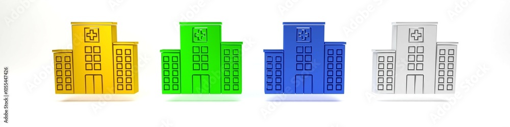 Colorful Medical hospital building with cross icon isolated on white background. Medical center. Health care. Minimalism concept. 3D render illustration Colorful Medical hospital building with cross icon isolated on white background. Medical center. Health care. Minimalism concept. 3D render illustration