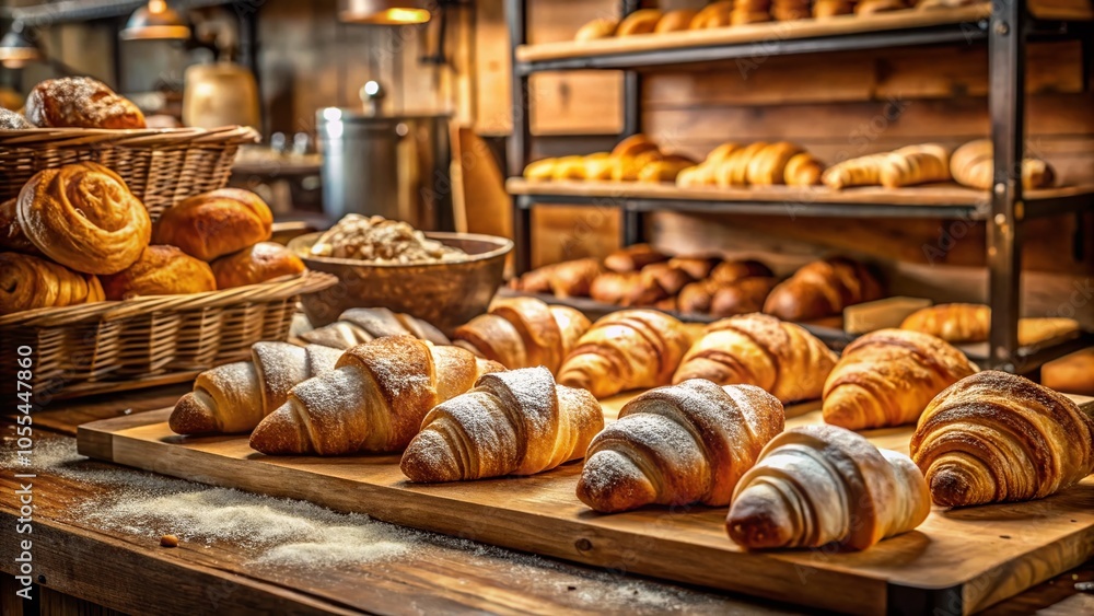 Freshly Baked Croissants in a Charming Bakery Setting - Authentic French Pastry Photography Freshly Baked Croissants in a Charming Bakery Setting - Authentic French Pastry Photography