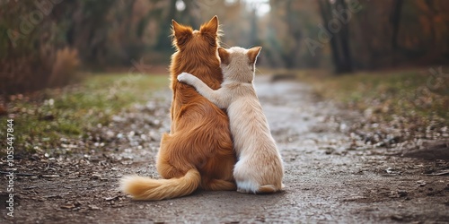 A ginger dog with a cream-colored cat sit together on a woodland path, sharing a peaceful moment of cross-species friendship. photo