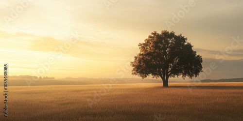 A majestic lone tree stands on a vast field, bathed in the warm glow of a stunning sunset.