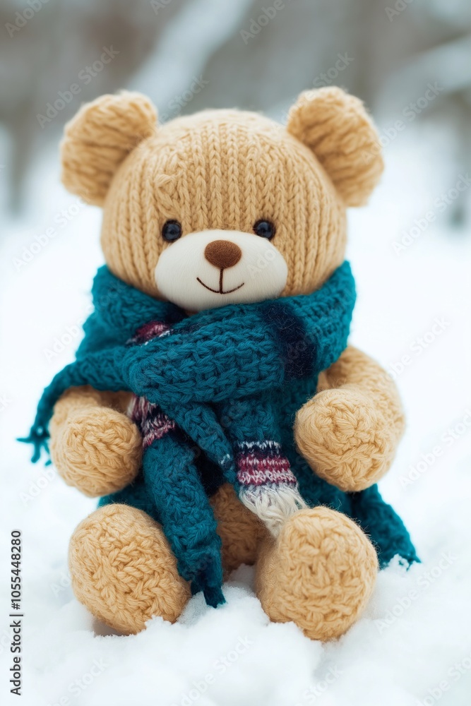 A charming teddy bear, dressed in a knitted scarf, sits cozily in the snow, conveying warmth and comfort amidst winter. A charming teddy bear, dressed in a knitted scarf, sits cozily in the snow, conveying warmth and comfort amidst winter.