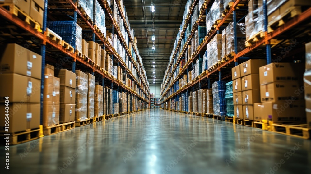 Aisle in a Warehouse with Cardboard Boxes on Pallets Aisle in a Warehouse with Cardboard Boxes on Pallets