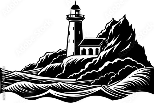 Lighthouse on Cliff Silhouette Vector