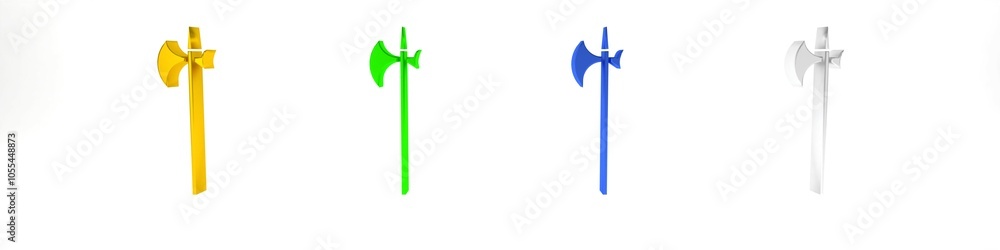Colorful Medieval halberd icon isolated on white background. Medieval weapon. Minimalism concept. 3D render illustration Colorful Medieval halberd icon isolated on white background. Medieval weapon. Minimalism concept. 3D render illustration