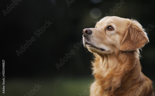 A golden retriever, with its soft fur illuminated by natural light, gazes into the distance against a blurred background. photo