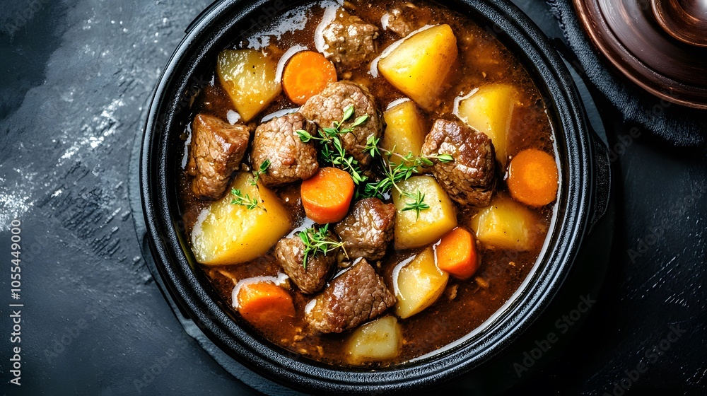 A dish of nikujaga, a comforting Japanese stew made with sliced beef, potatoes, and carrots simmered in soy sauce.
A dish of nikujaga, a comforting Japanese stew made with sliced beef, potatoes, and carrots simmered in soy sauce.