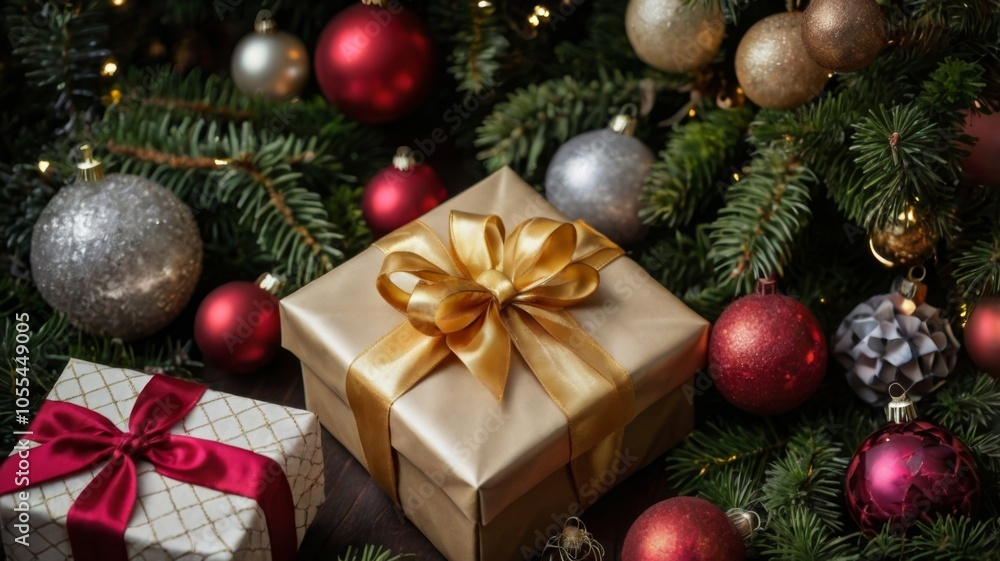 Christmas tree with ornaments, gift boxes and dark wooden wall as copy-space in the background Christmas tree with ornaments, gift boxes and dark wooden wall as copy-space in the background