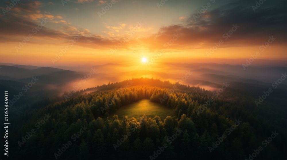Obraz premium Golden Hour Sunrise Over Forest Valley with Fog and Mountains