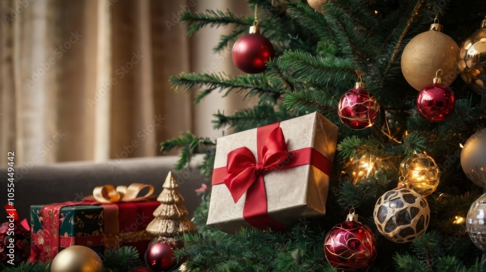Christmas tree with ornaments, gift boxes and dark wooden wall as copy-space in the background Christmas tree with ornaments, gift boxes and dark wooden wall as copy-space in the background