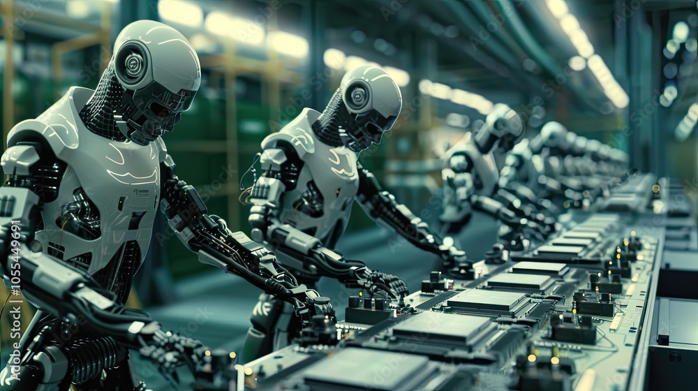 Robotic Arms Assembling Computer Processors in a High-Tech Semiconductor Plant Robotic Arms Assembling Computer Processors in a High-Tech Semiconductor Plant