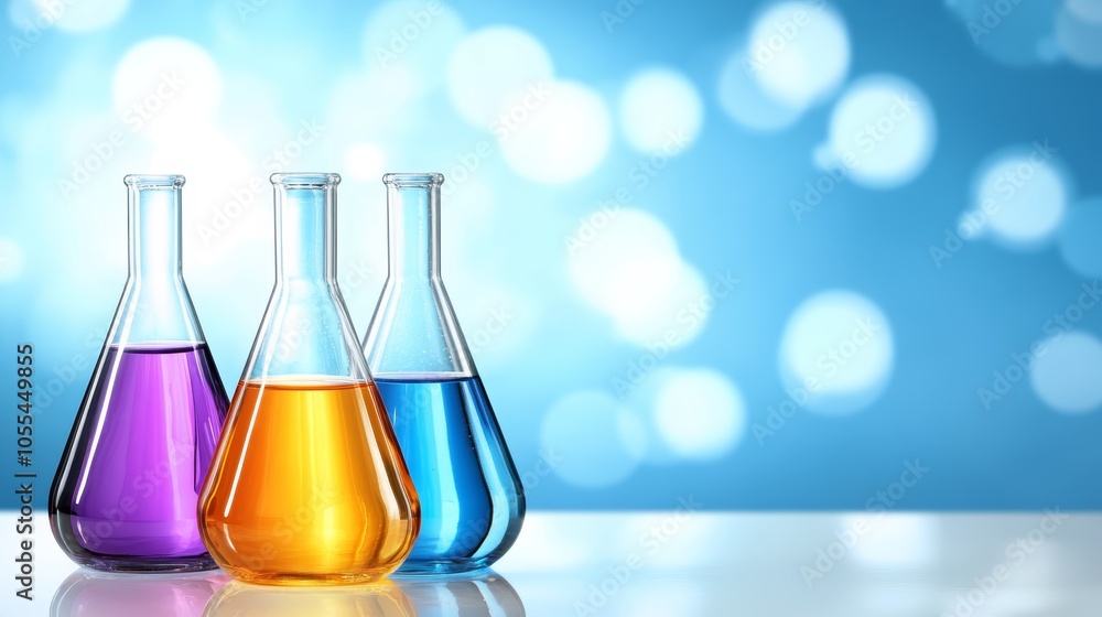 Colorful liquids in test tubes, a scientific experiment in laboratory setting with blue backdrop Colorful liquids in test tubes, a scientific experiment in laboratory setting with blue backdrop
